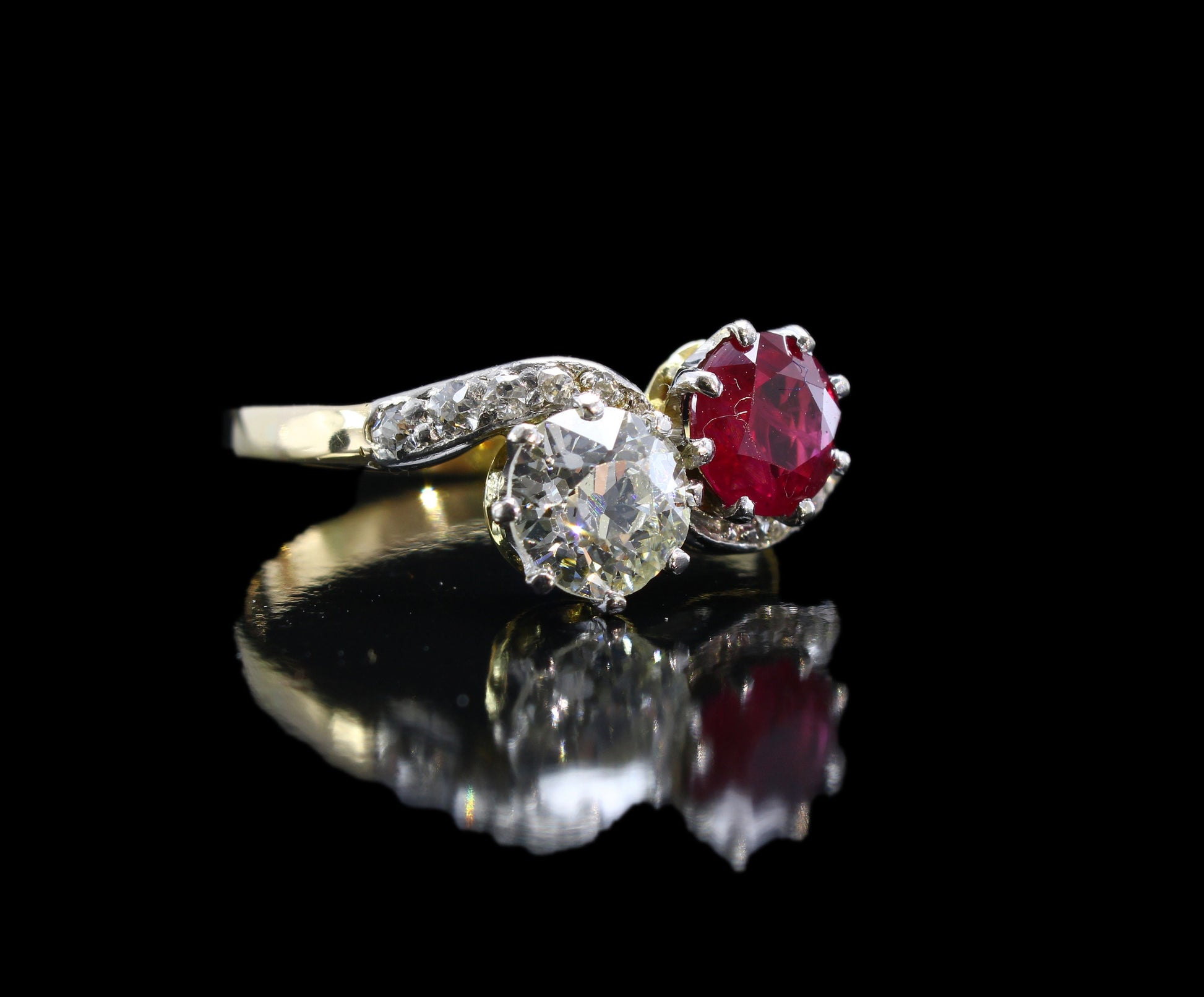 Antique toi et moi Ruby & Diamond Engagement Ring, Exquisite 18CT Crossover Ring - fk gems