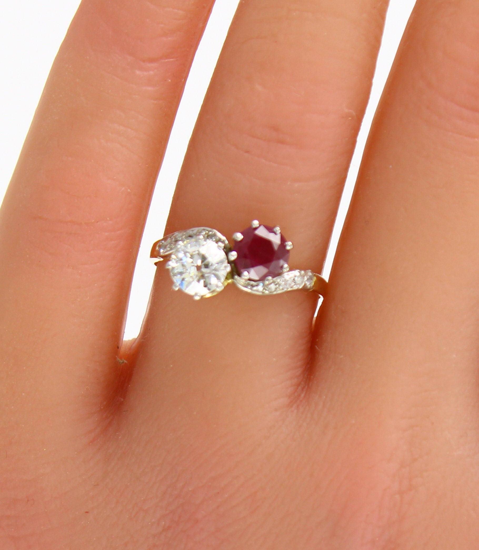 Antique toi et moi Ruby & Diamond Engagement Ring, Exquisite 18CT Crossover Ring - fk gems