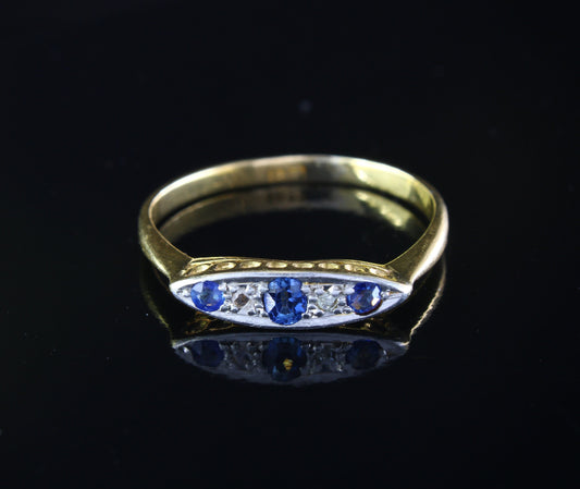 Antique 18K Gold Sapphire Diamond Engagement Ring, Size US 6.5, UK M1/2