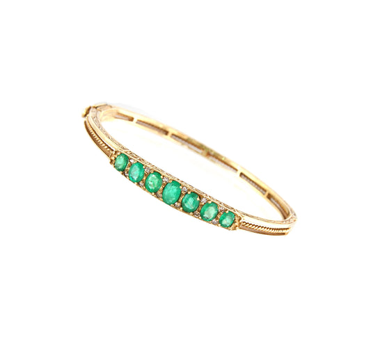 Vintage Emerald Diamond Gold Bangle / Bracelet, Vintage Yellow carved gold Bangle