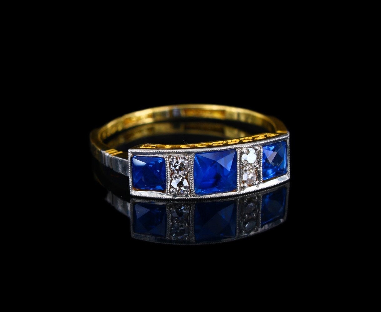 Vintage Engagement Ring, Vivid Blue Sapphire Diamond Gold Ring, Art Deco Period Band