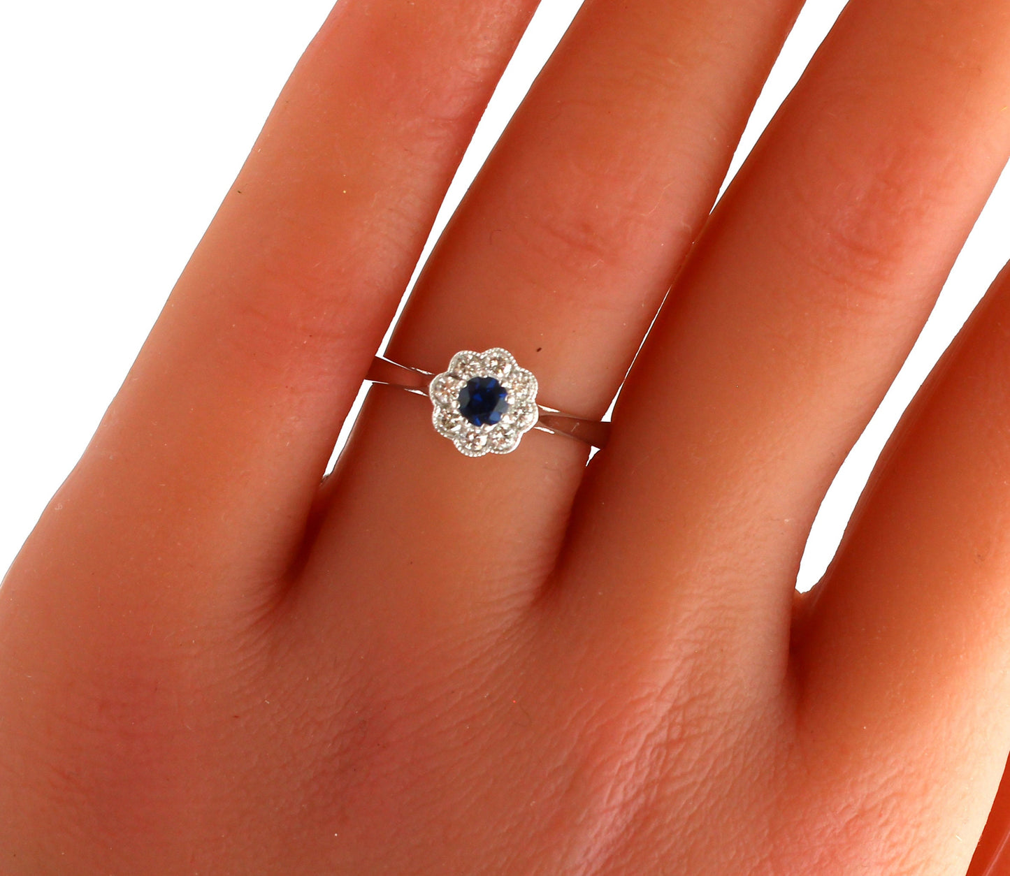 Sapphire Diamond Daisy Engagement Ring in 18k White Gold