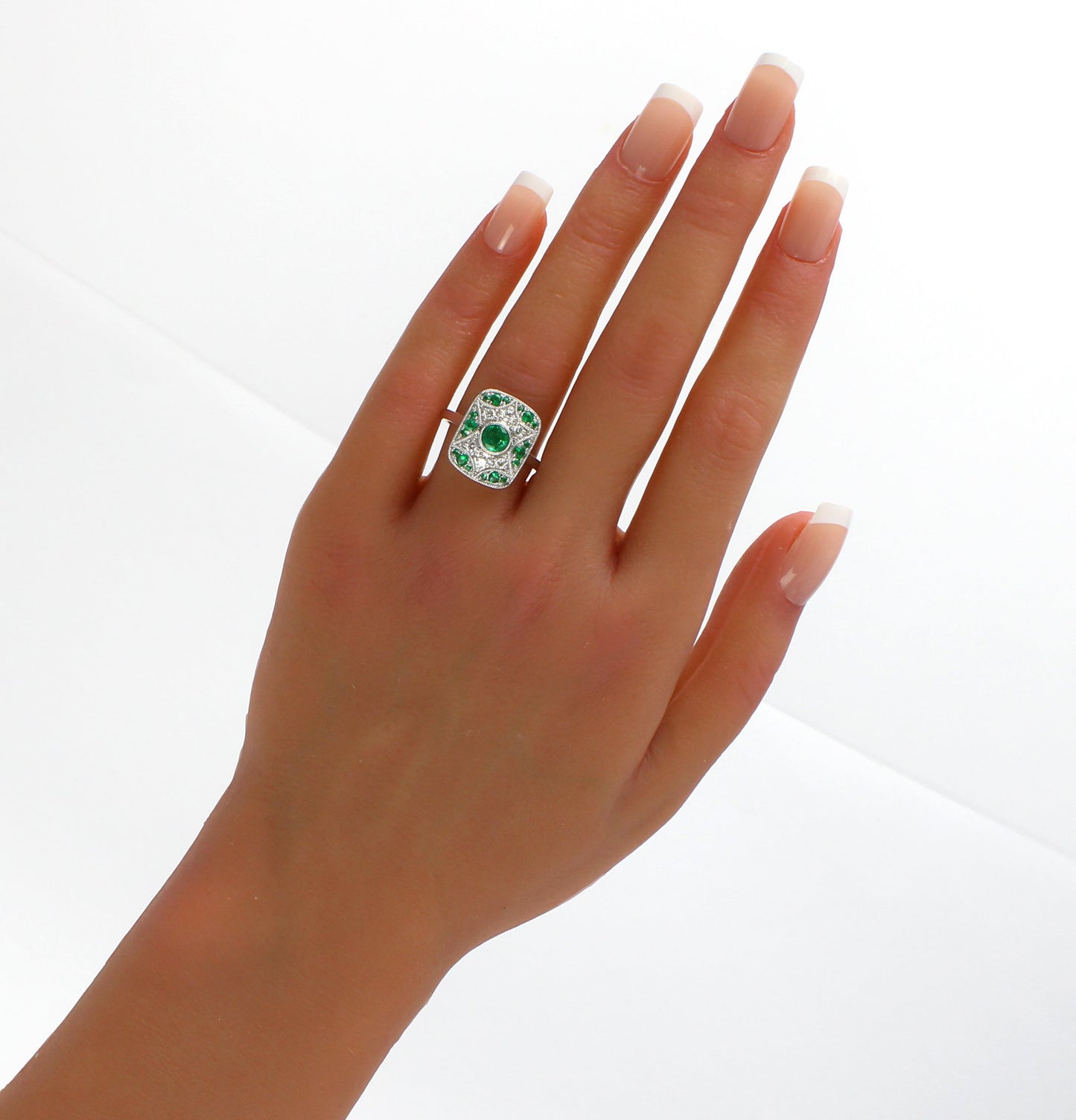 Art deco Emerald Diamond Cluster Ring, 18k White Gold Panel Ring