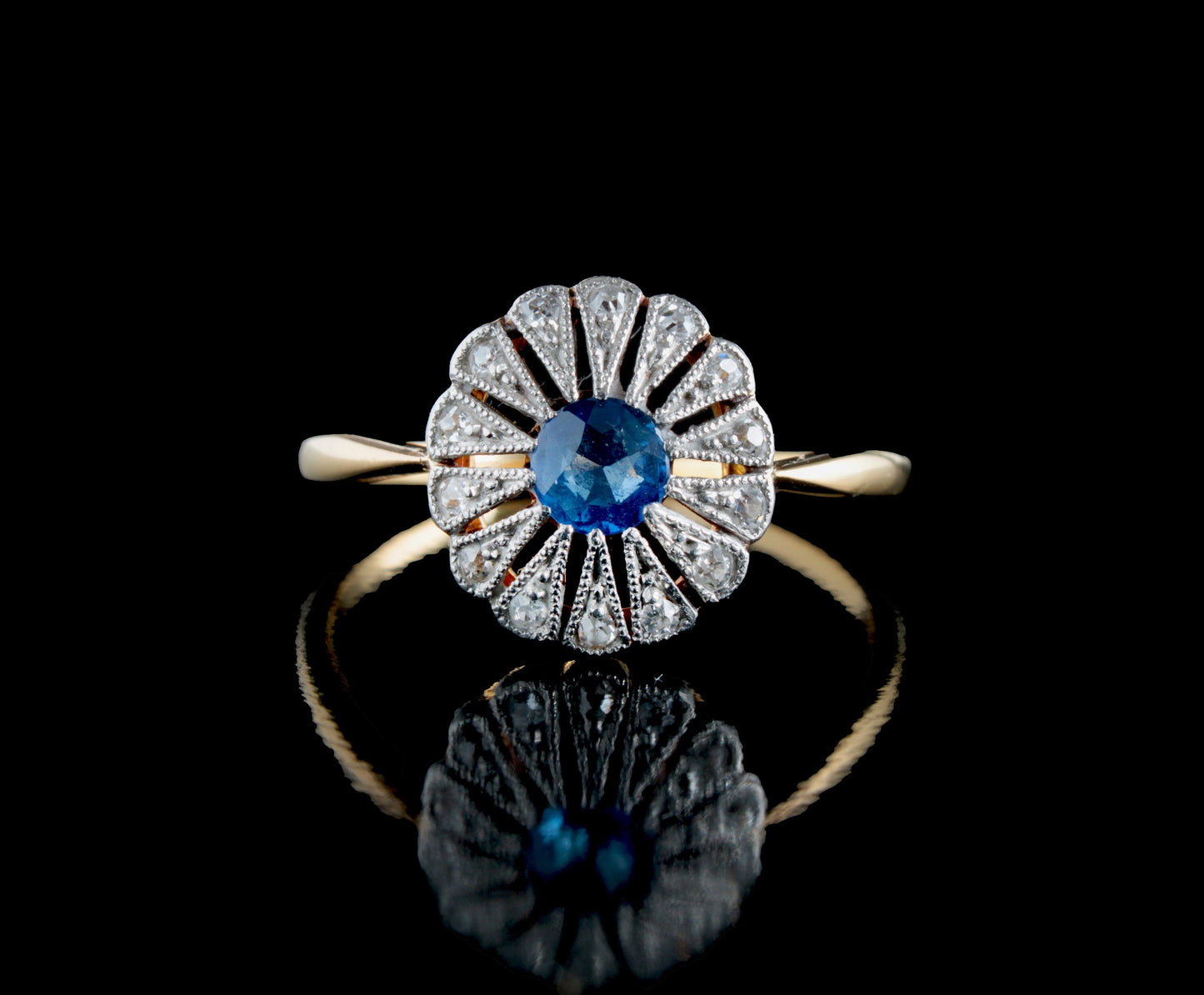 Antique Natural Sapphire Diamond Flower Ring, Vintage 18k Gold Art Deco Daisy Ring