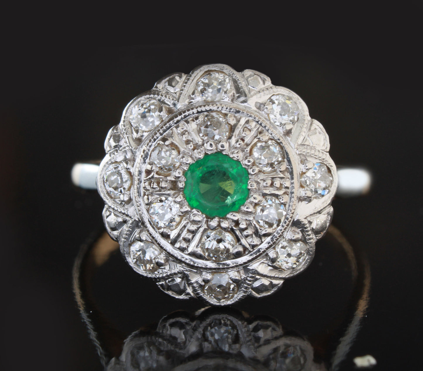 Art Deco Emerald Diamond Ring | 18k Gold & Platinum Emerald Diamond Cocktail Ring