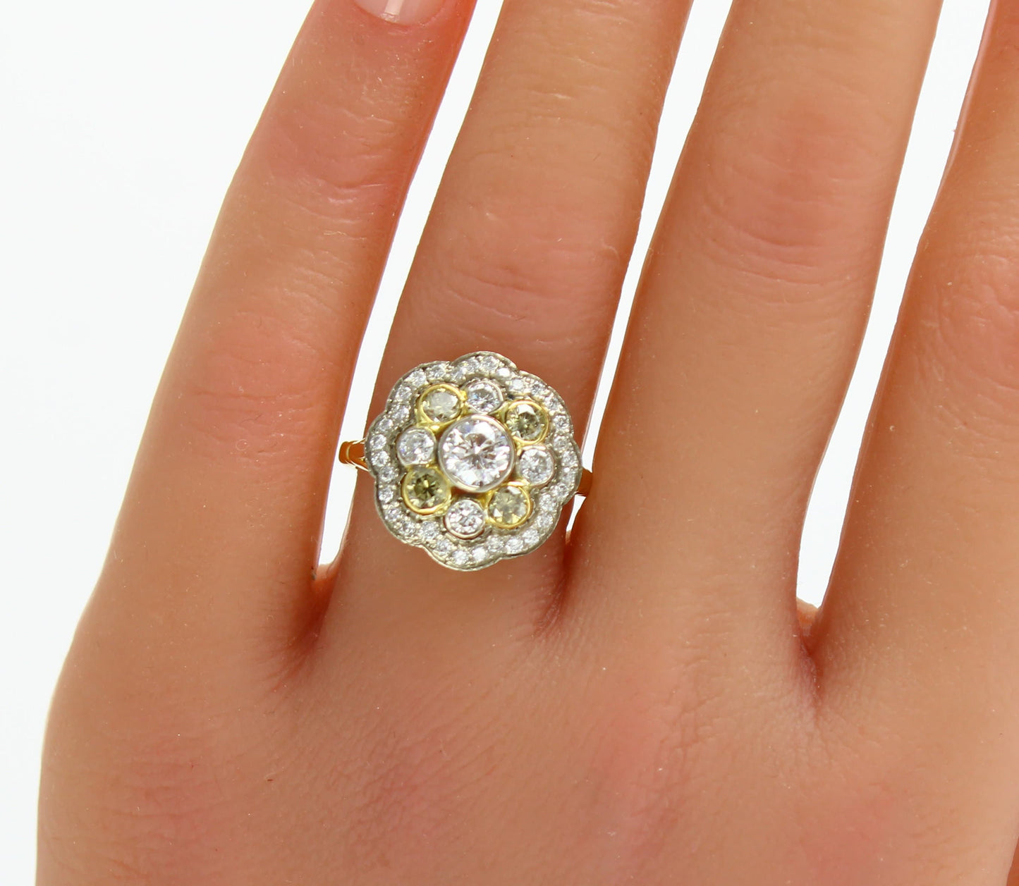 Bague vintage en diamant naturel, grande bague florale rétro en diamant, bijoux de déclaration en diamant, grappe de diamants jaunes, cadeau d'anniversaire