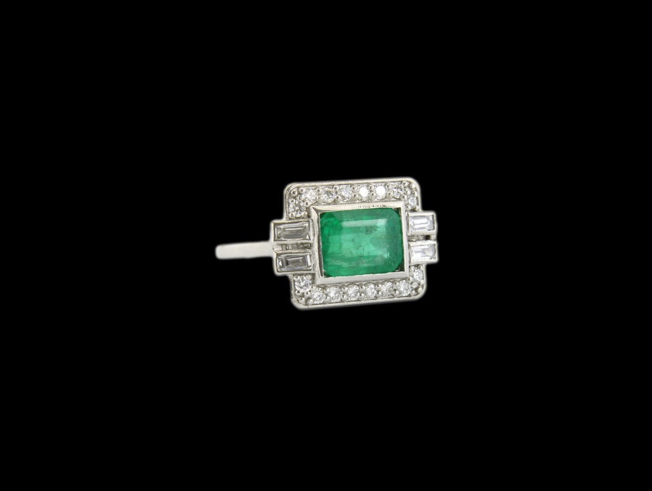 Platinum Emerald Diamond Ring in Art Deco Style - fk gems