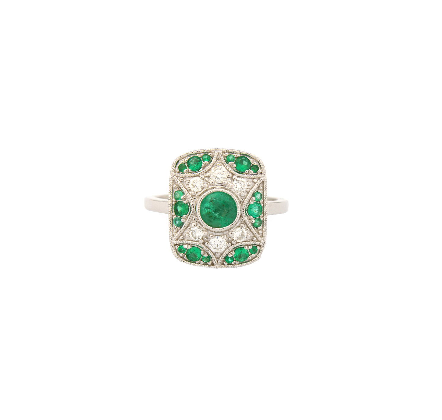 Art deco Emerald Diamond Cluster Ring, 18k White Gold Panel Ring