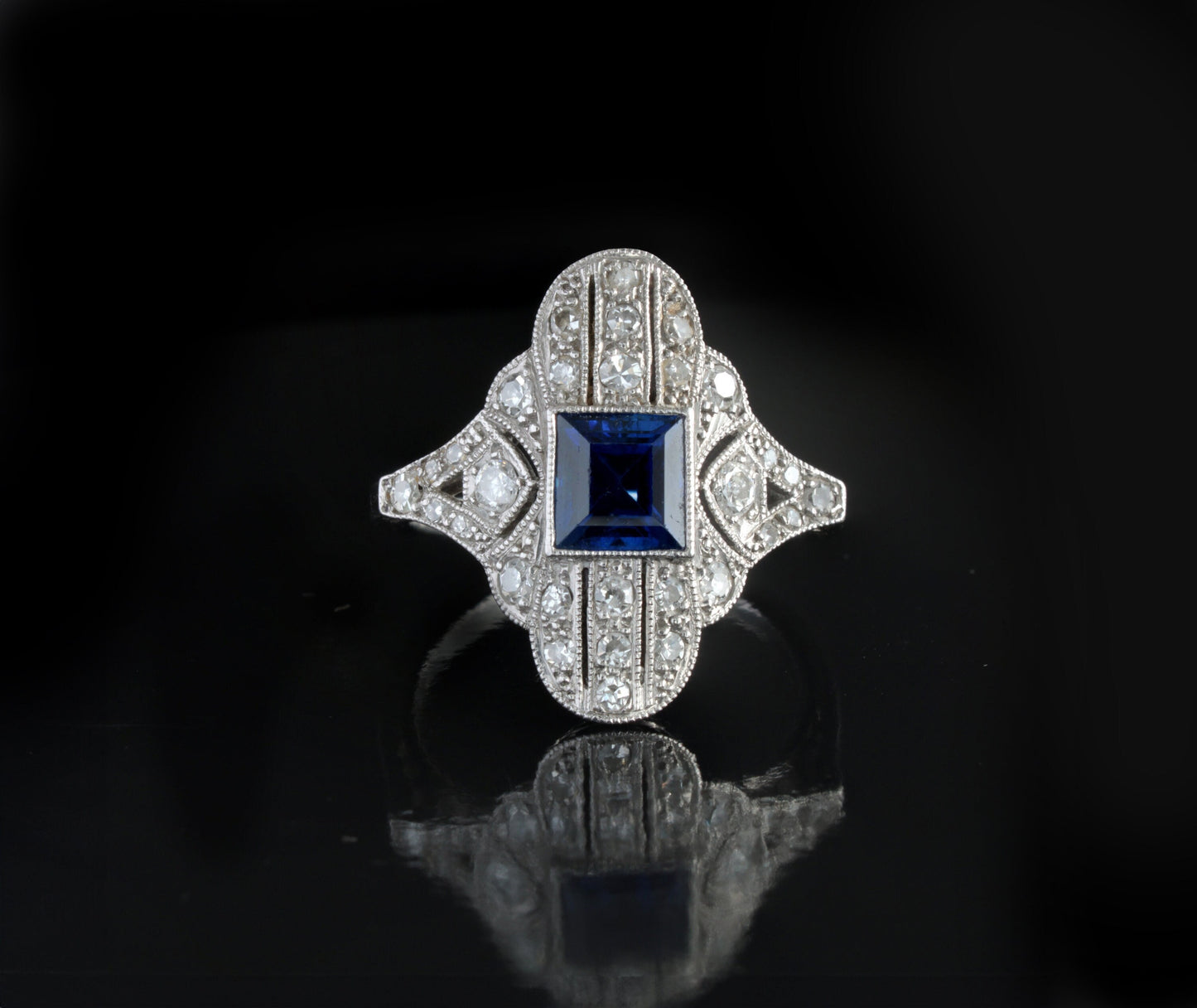 Sapphire Diamond Platinum Ring from 1920s Art Deco Vintage Period - fk gems