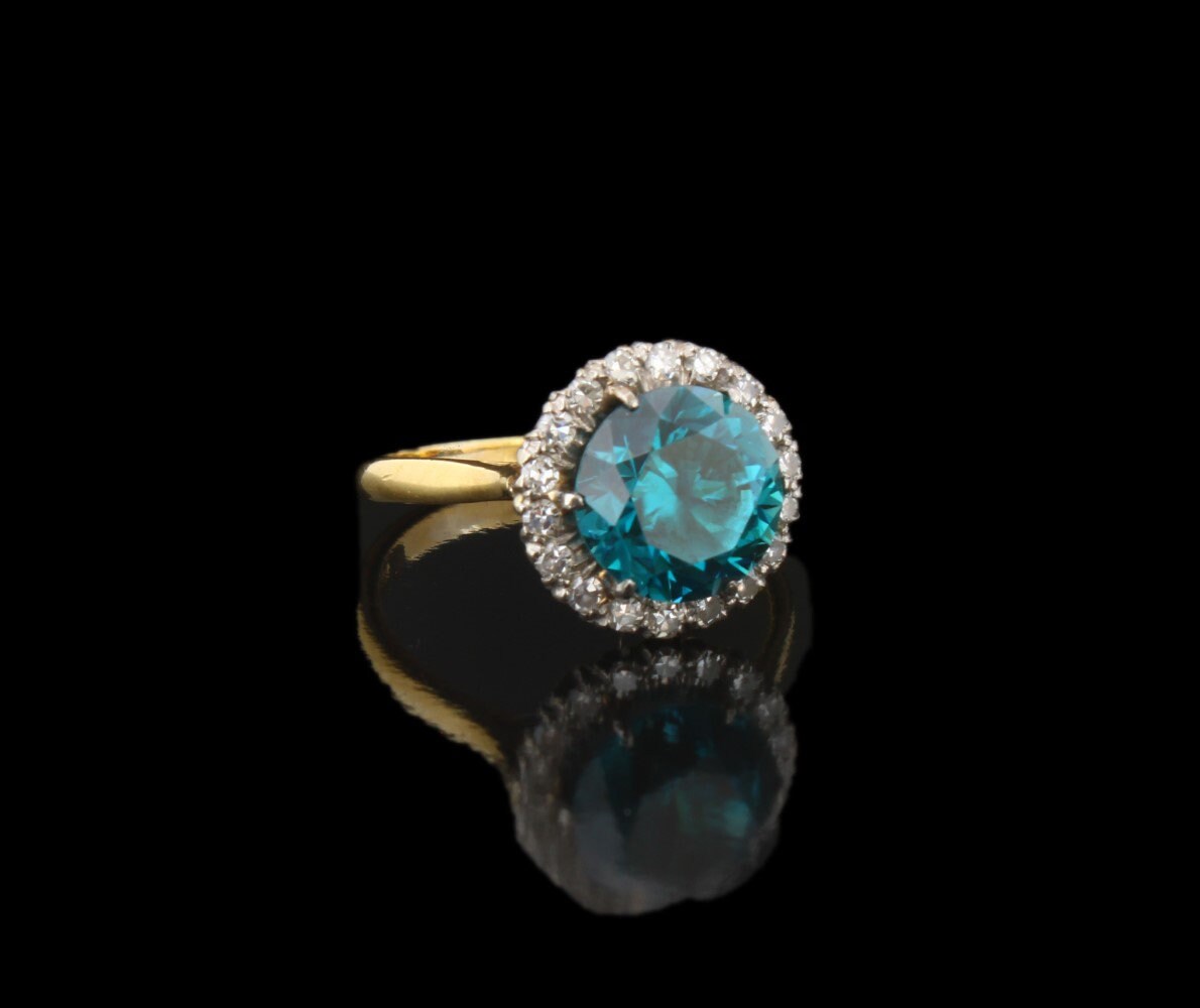 Vintage Blue Zircon Diamond Ring, 18K Gold Platinum Anniversary Ring, December Birthstone Birthday Gift