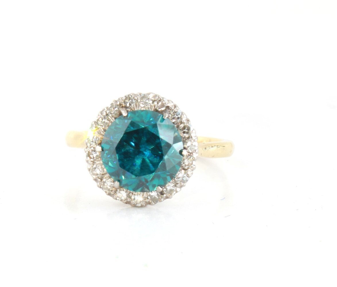 Vintage Blue Zircon Diamond Ring, 18K Gold Platinum Anniversary Ring, December Birthstone Birthday Gift