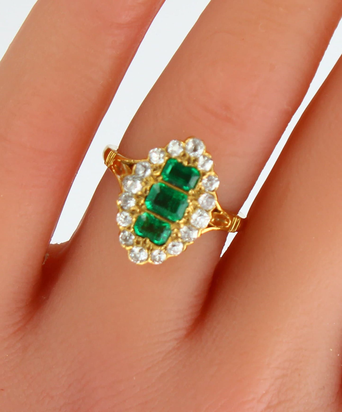 Victorian Emerald Diamond Ring, Antique 18K Gold Old Cut Natural Diamond Cluster Ring