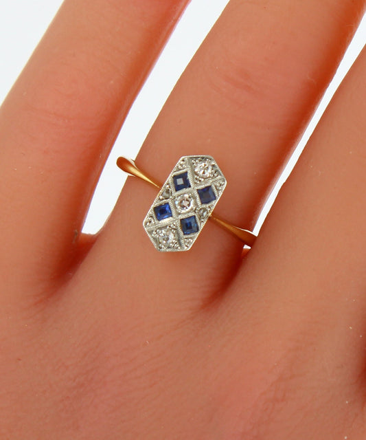 Vintage Sapphire Diamond Engagement Ring, 1920s Art Deco 18k Gold & Platinum Jewelry