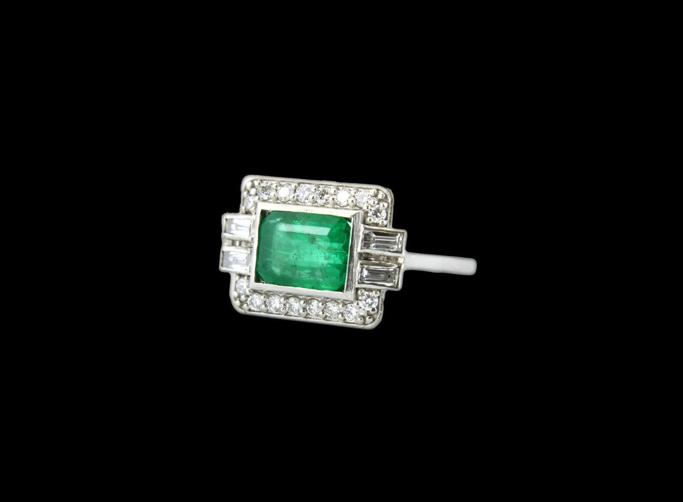 Platinum Emerald Diamond Ring in Art Deco Style - fk gems