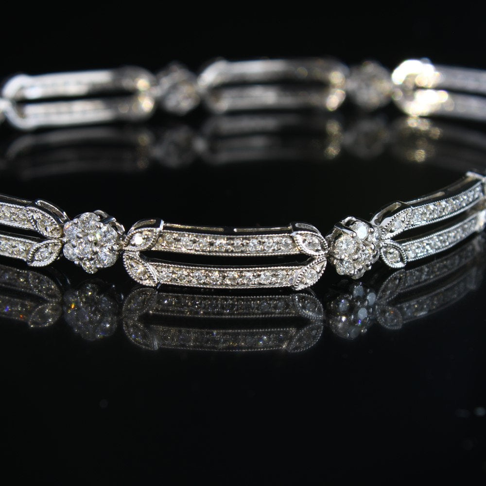 Vintage Natural Diamond Bracelet, 18k White Gold Diamond Jewelry Gift