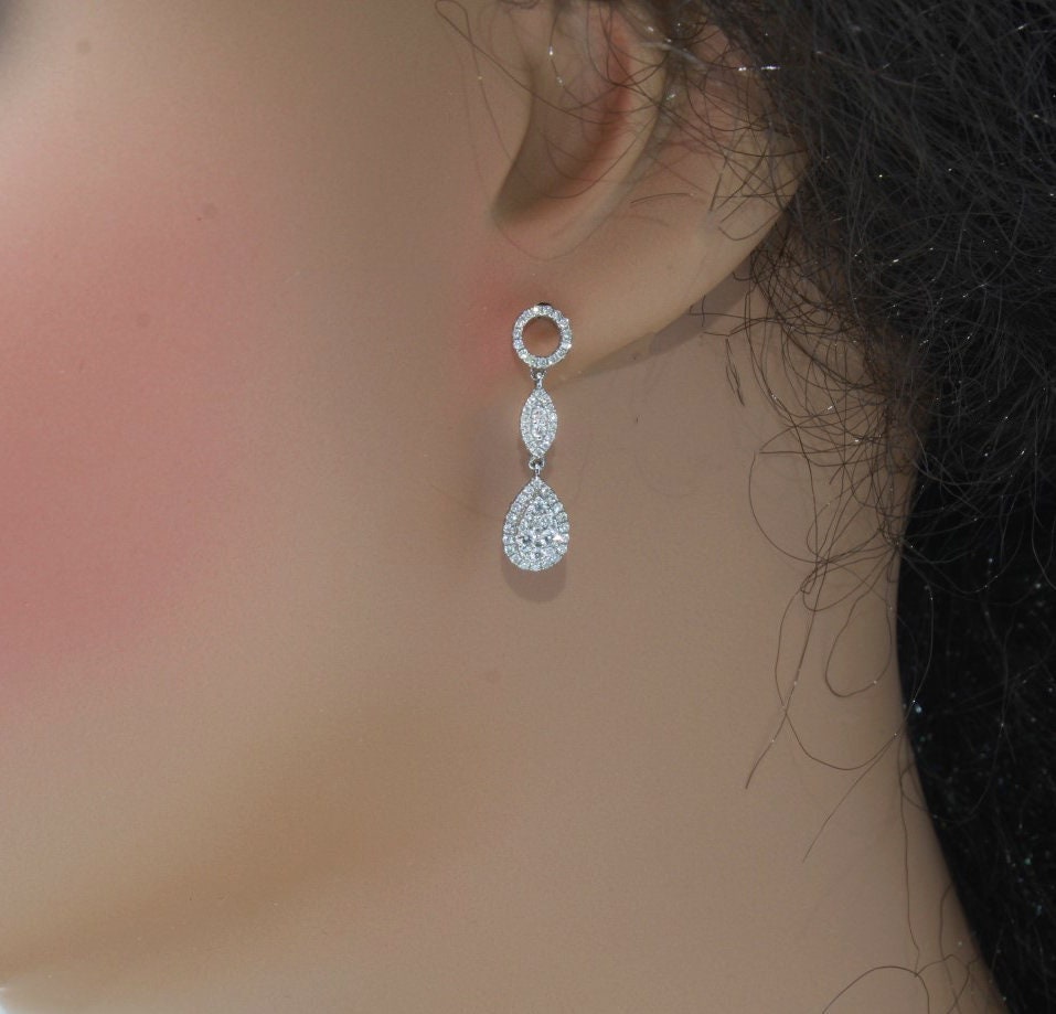 Natural Diamond Drop Earrings in 18k White Gold, Vintage Old Cut Diamond Dangly Earrings