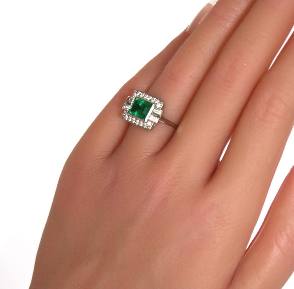 Platinum Emerald Diamond Ring in Art Deco Style - fk gems