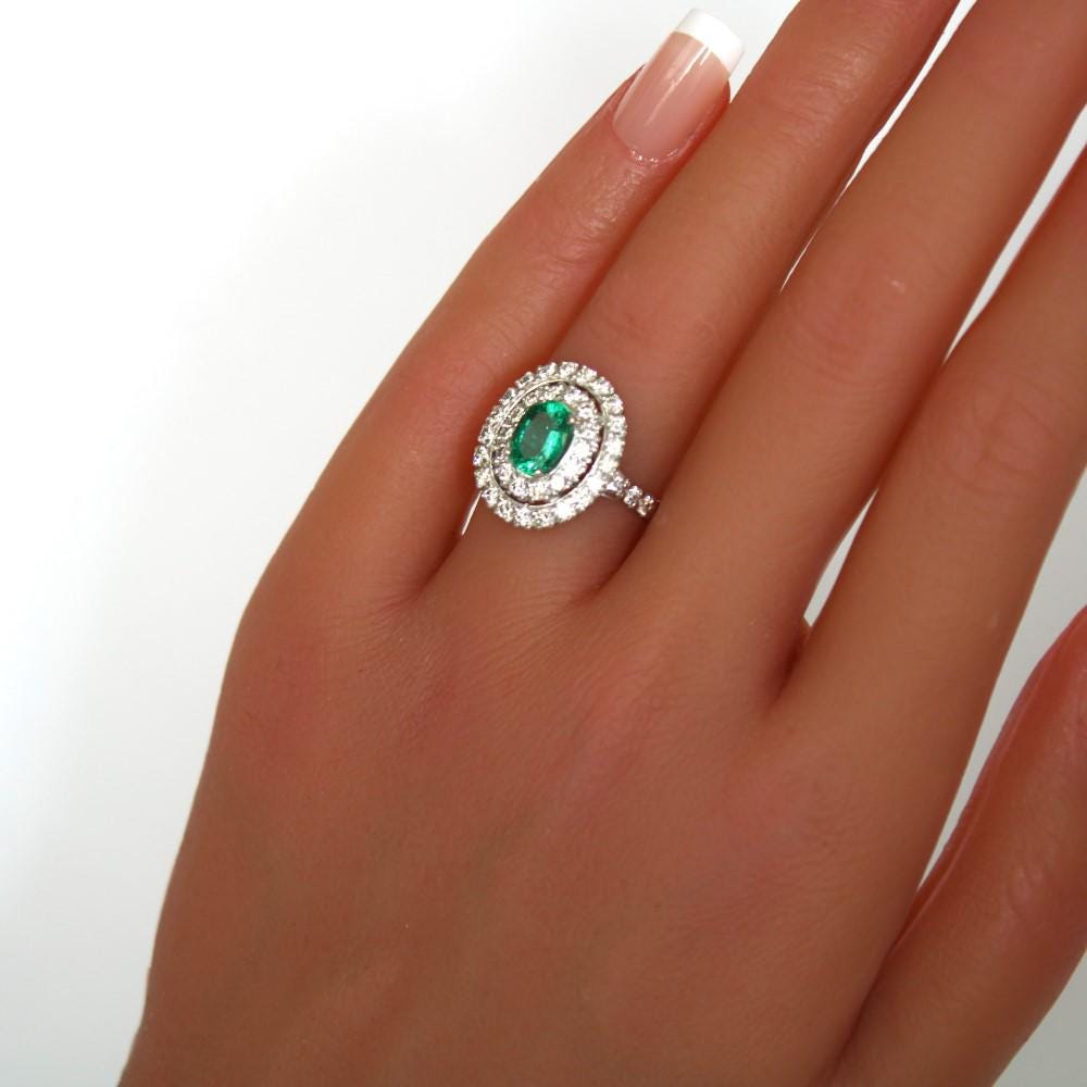 Vintage Emerald Diamond Cluster Engagement Ring Size M1/2, US 6.5