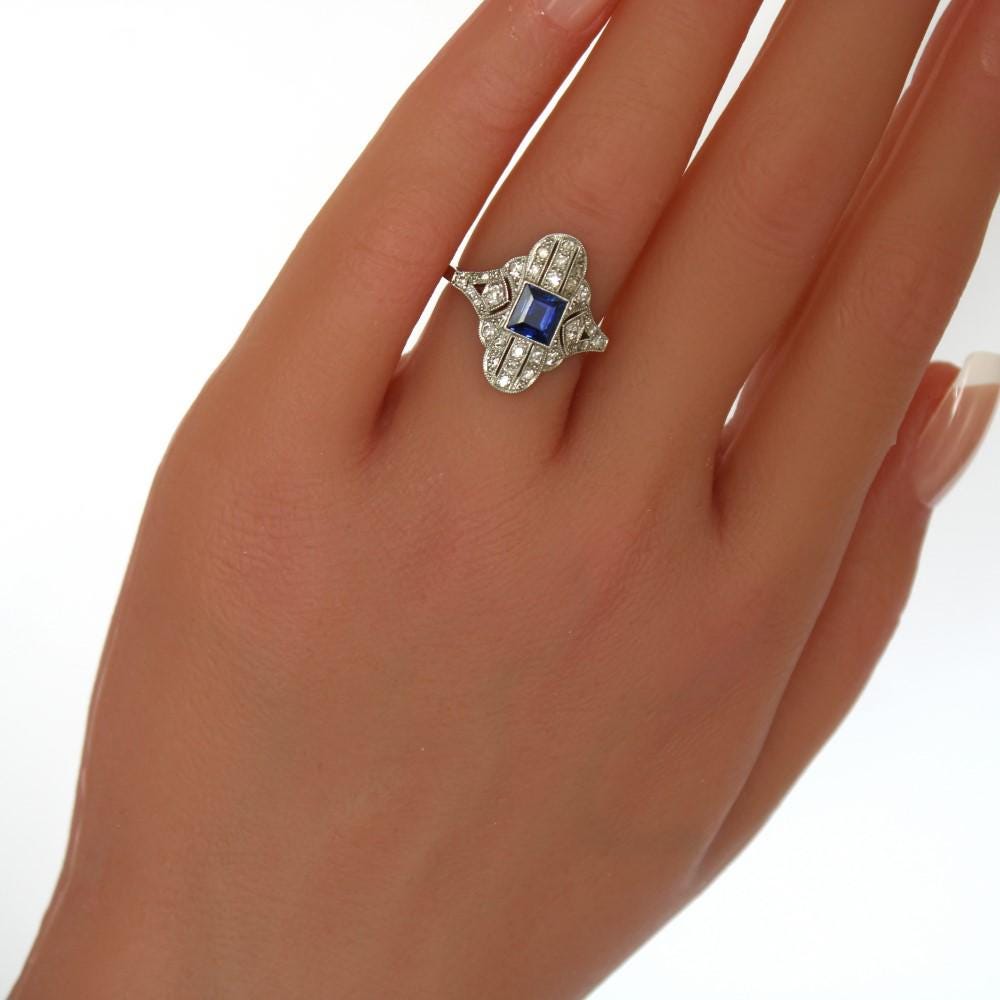 Sapphire Diamond Platinum Ring from 1920s Art Deco Vintage Period - fk gems