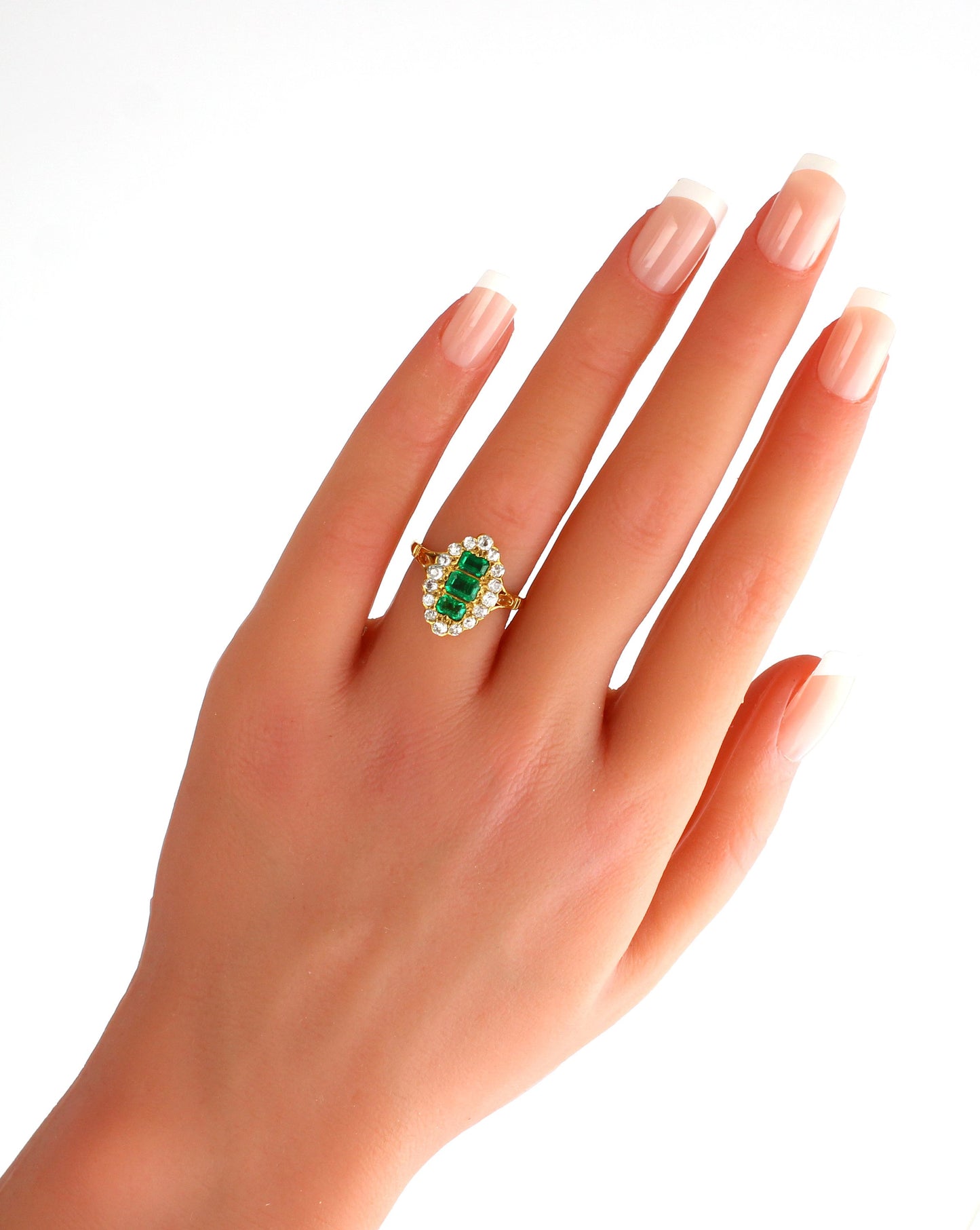 Victorian Emerald Diamond Ring, Antique 18K Gold Old Cut Natural Diamond Cluster Ring