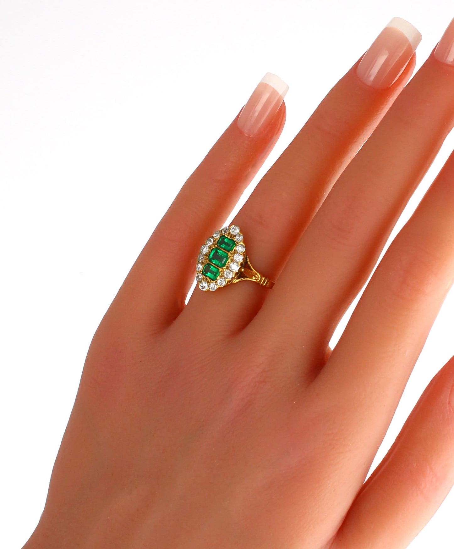 Victorian Emerald Diamond Ring, Antique 18K Gold Old Cut Natural Diamond Cluster Ring