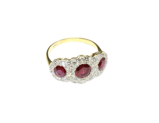 Vintage Art Deco Ruby Diamond Ring | Natural Ruby & Diamond Triple Cluster Engagement Ring