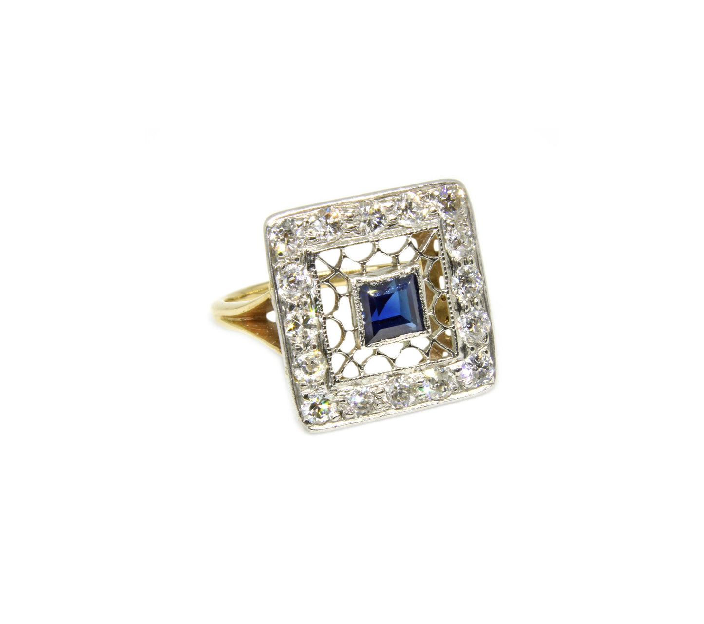 Vintage 14k Diamond Sapphire Ring in A Rare Art Deco Style