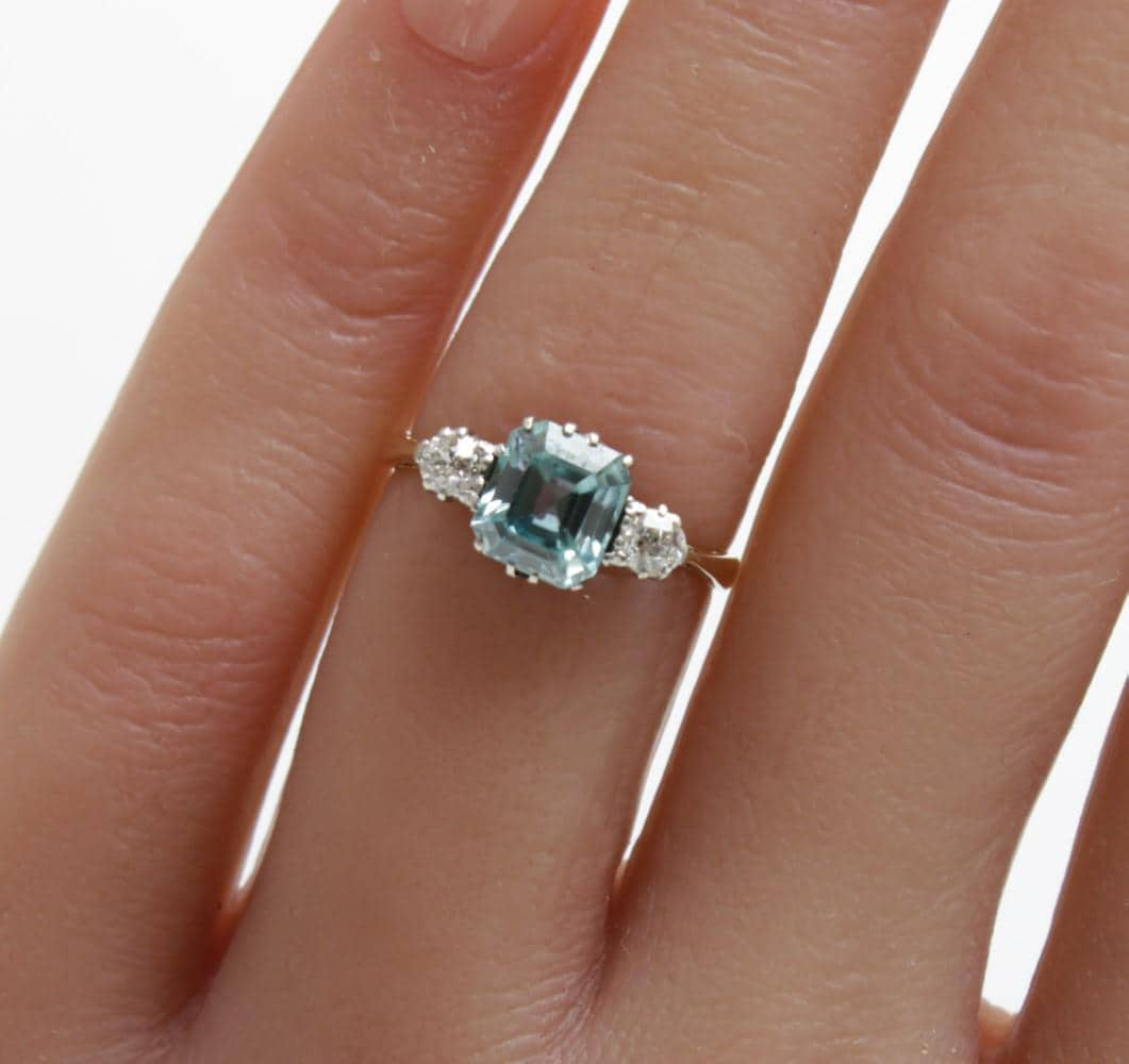 Vintage Blue Zircon Diamond Engagement Ring from Art Deco Period 1920/30s Size 5