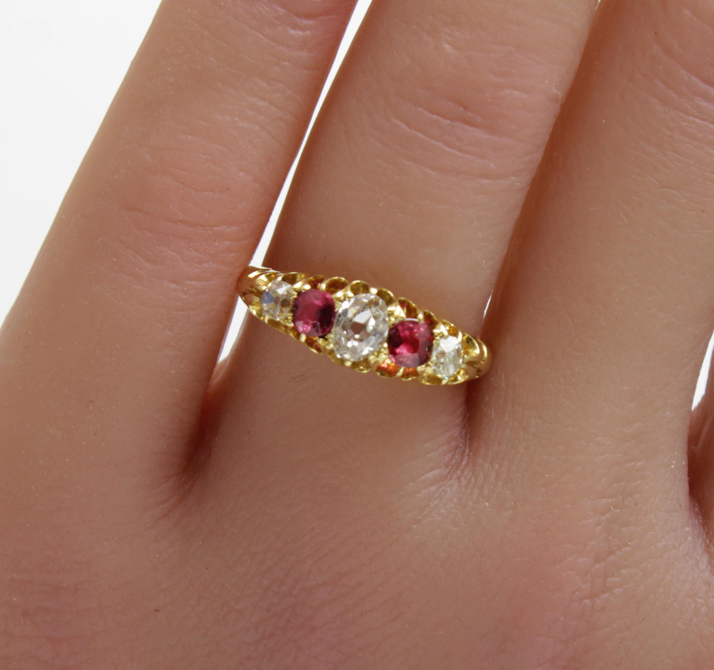 Edwardian Ruby Diamond Engagement Ring, Vintage 18k Gold with Pink Rubies and Old Cut Diamonds