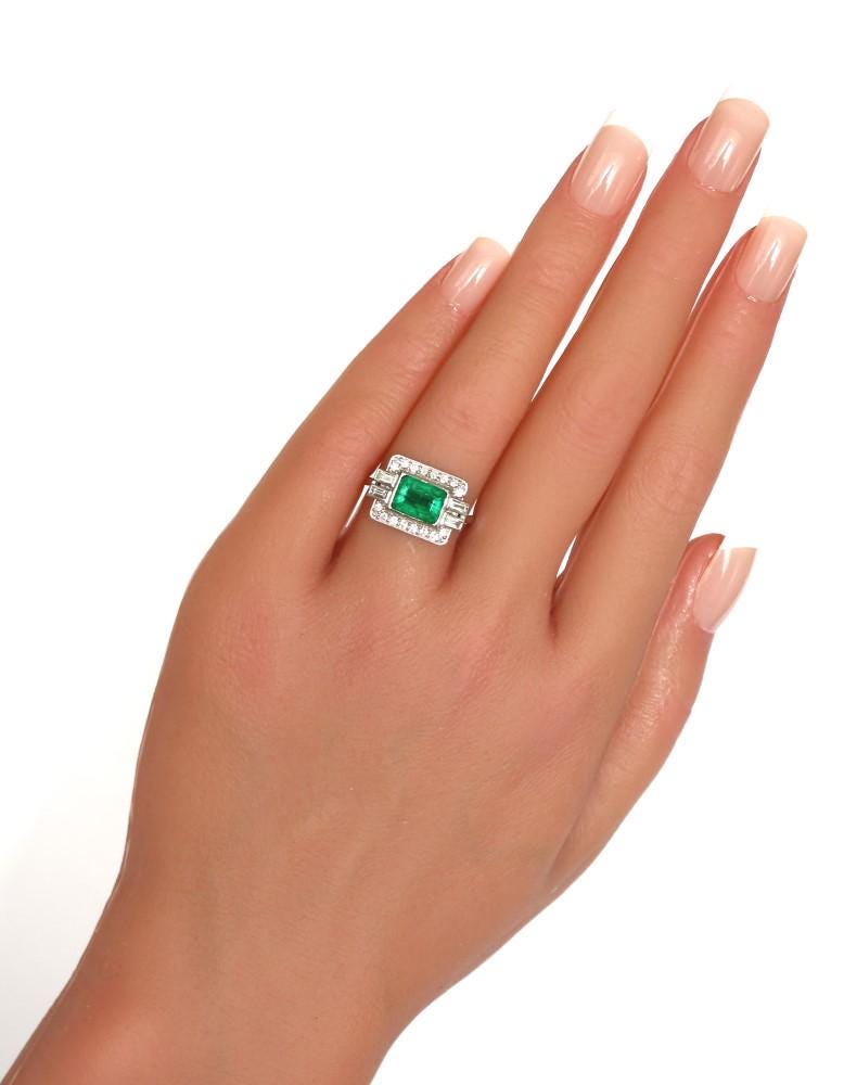 Platinum Emerald Diamond Ring in Art Deco Style - fk gems