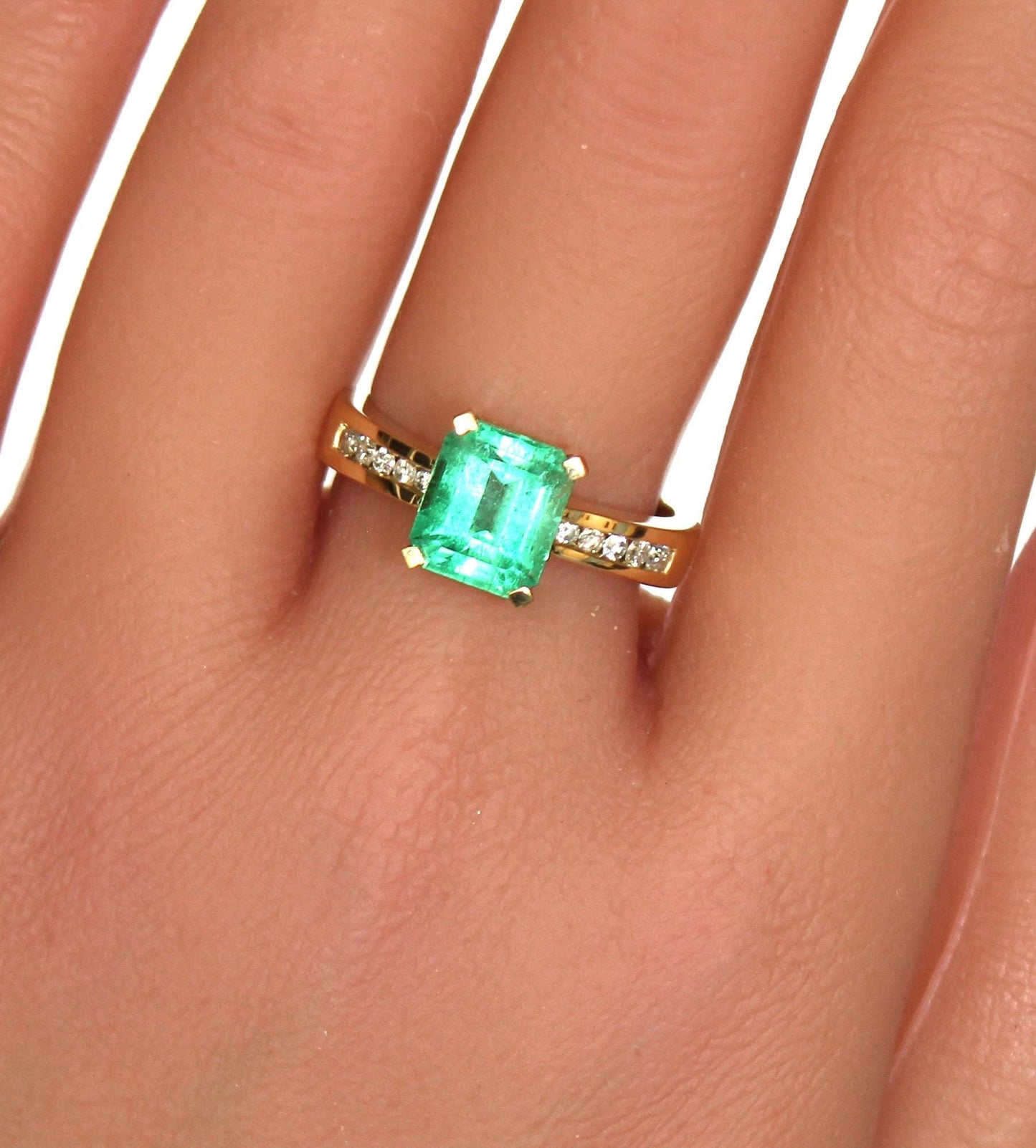 Vintage Emerald Diamond Engagement Ring, 18k Yellow Gold Emerald Estate Ring