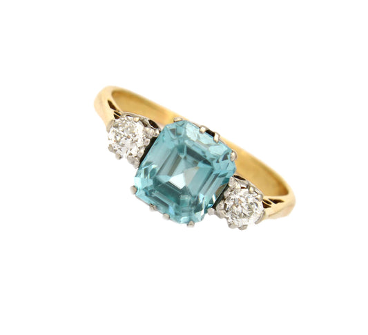 Vintage Blue Zircon Diamond Engagement Ring from Art Deco Period 1920/30s Size 5