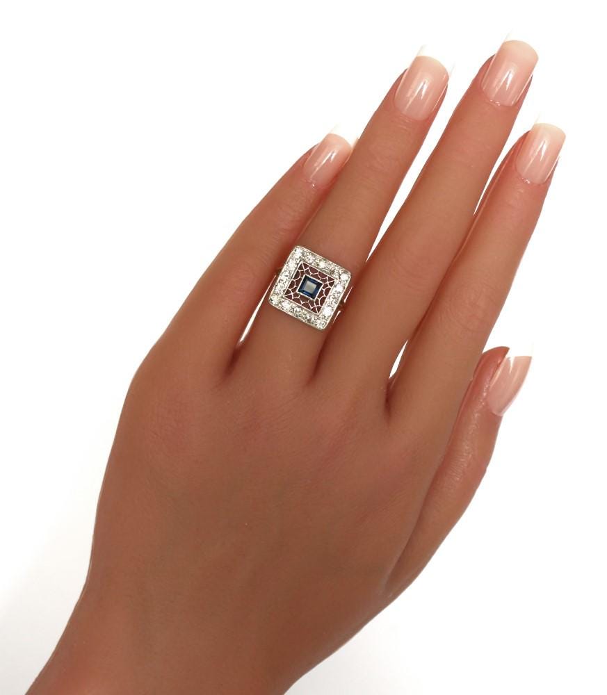 Vintage 14k Diamond Sapphire Ring in A Rare Art Deco Style