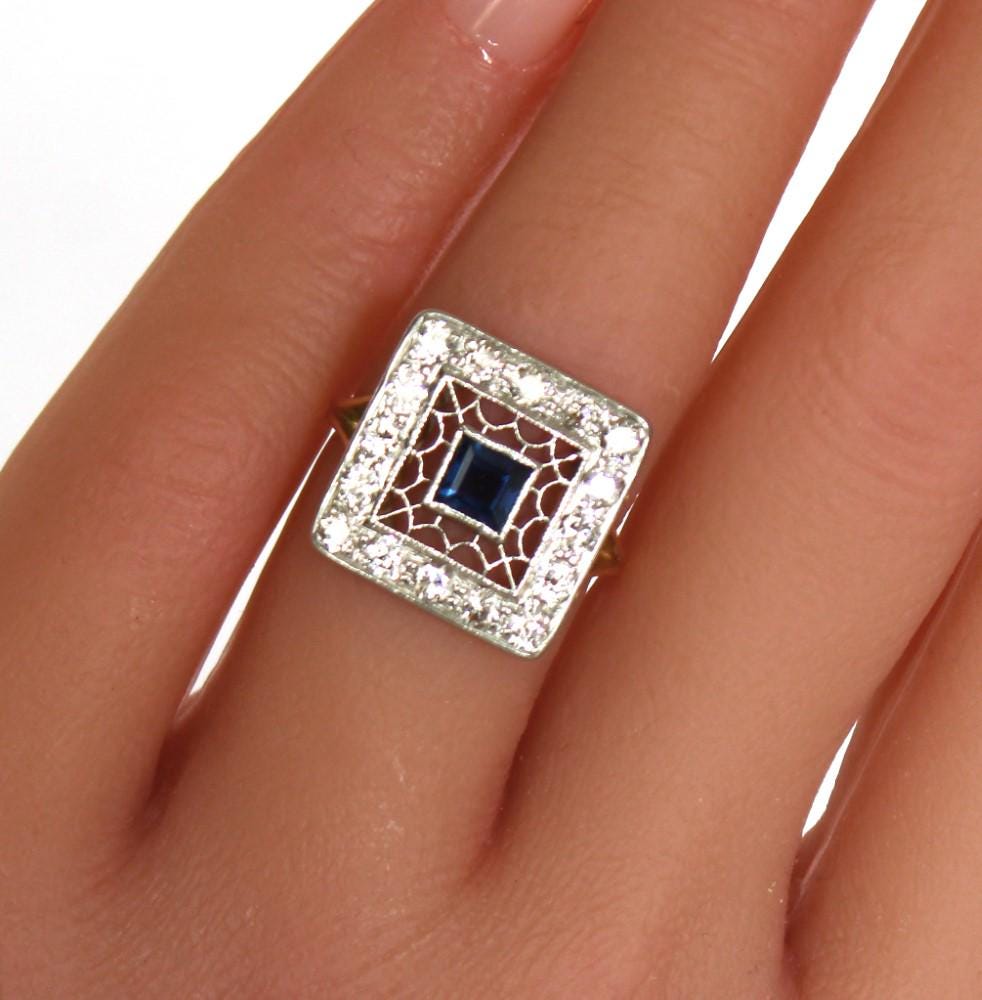 Vintage 14k Diamond Sapphire Ring in A Rare Art Deco Style