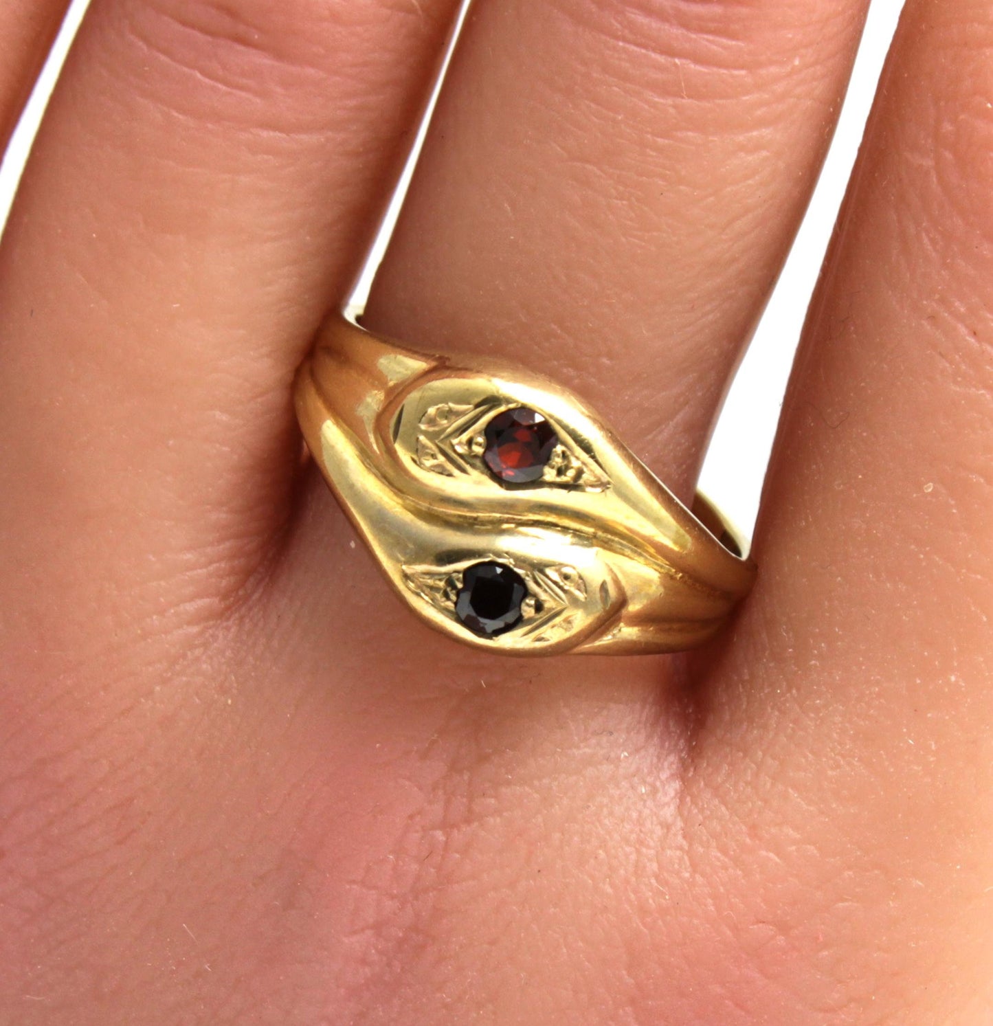 Vintage Garnet Snake / Serpent Ring for Men, Gents Yellow Gold Estate Ring - fk gems