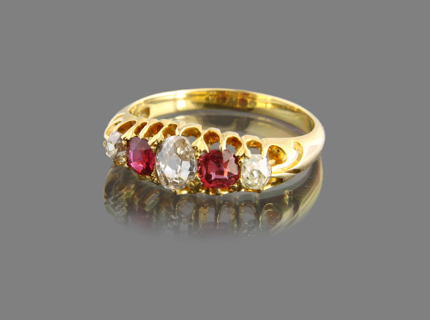 Edwardian Ruby Diamond Engagement Ring, Vintage 18k Gold with Pink Rubies and Old Cut Diamonds