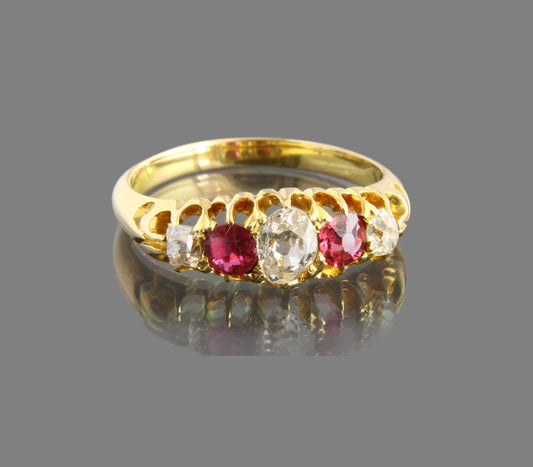 Edwardian Ruby Diamond Engagement Ring, Vintage 18k Gold with Pink Rubies and Old Cut Diamonds