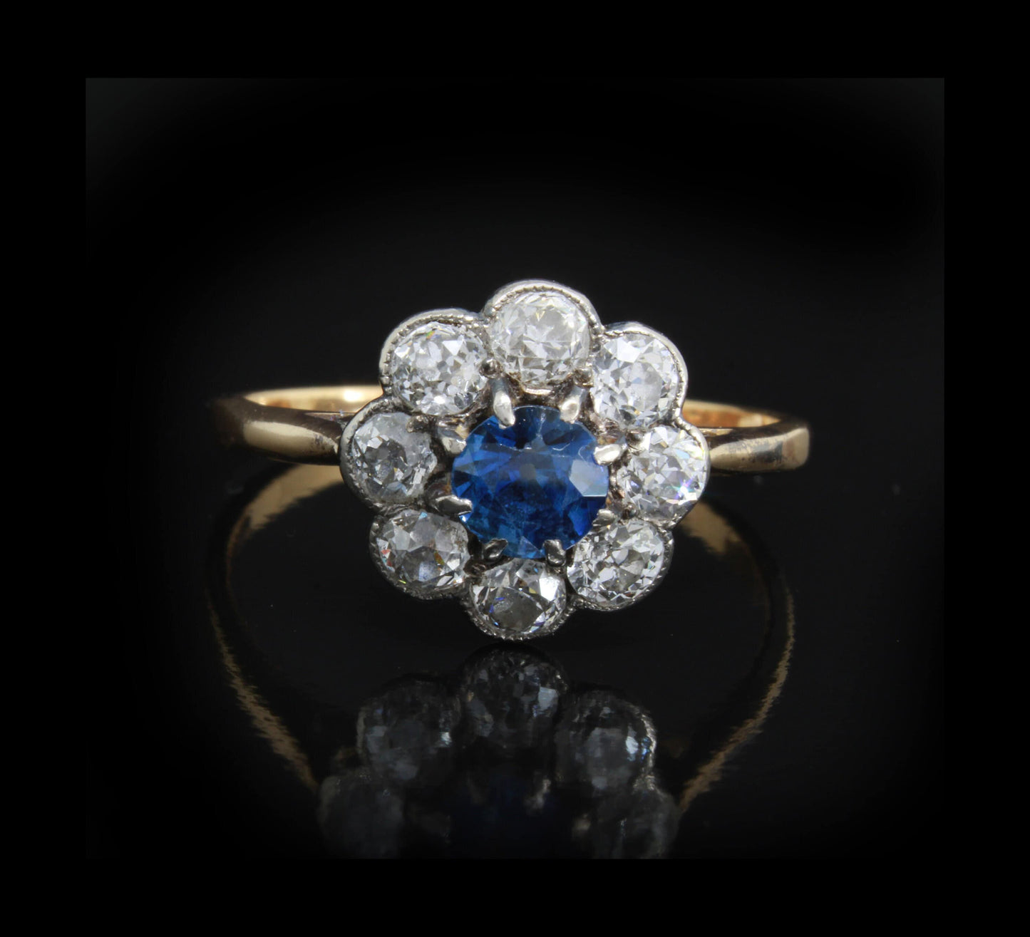 Bague antique en or avec diamant et saphir, bague en forme de marguerite en saphir bleu vif 18 carats, taille UK et AUS P, US 7,5