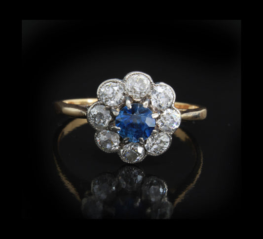 Antique Sapphire Diamond Gold Ring, Vibrant Blue Sapphire daisy Ring