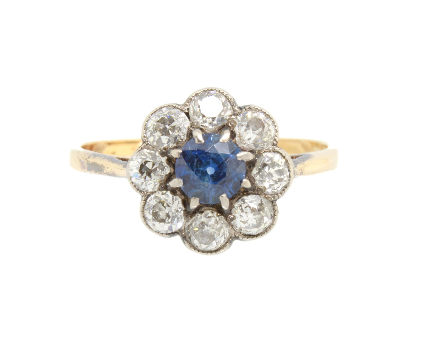 Bague antique en or avec diamant et saphir, bague en forme de marguerite en saphir bleu vif 18 carats, taille UK et AUS P, US 7,5