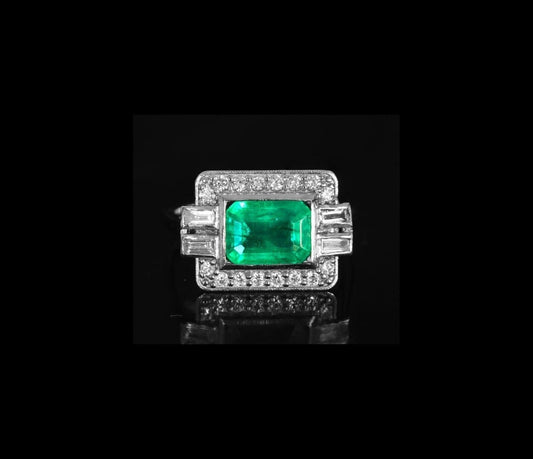 Platinum Emerald Diamond Ring in Art Deco Style - fk gems