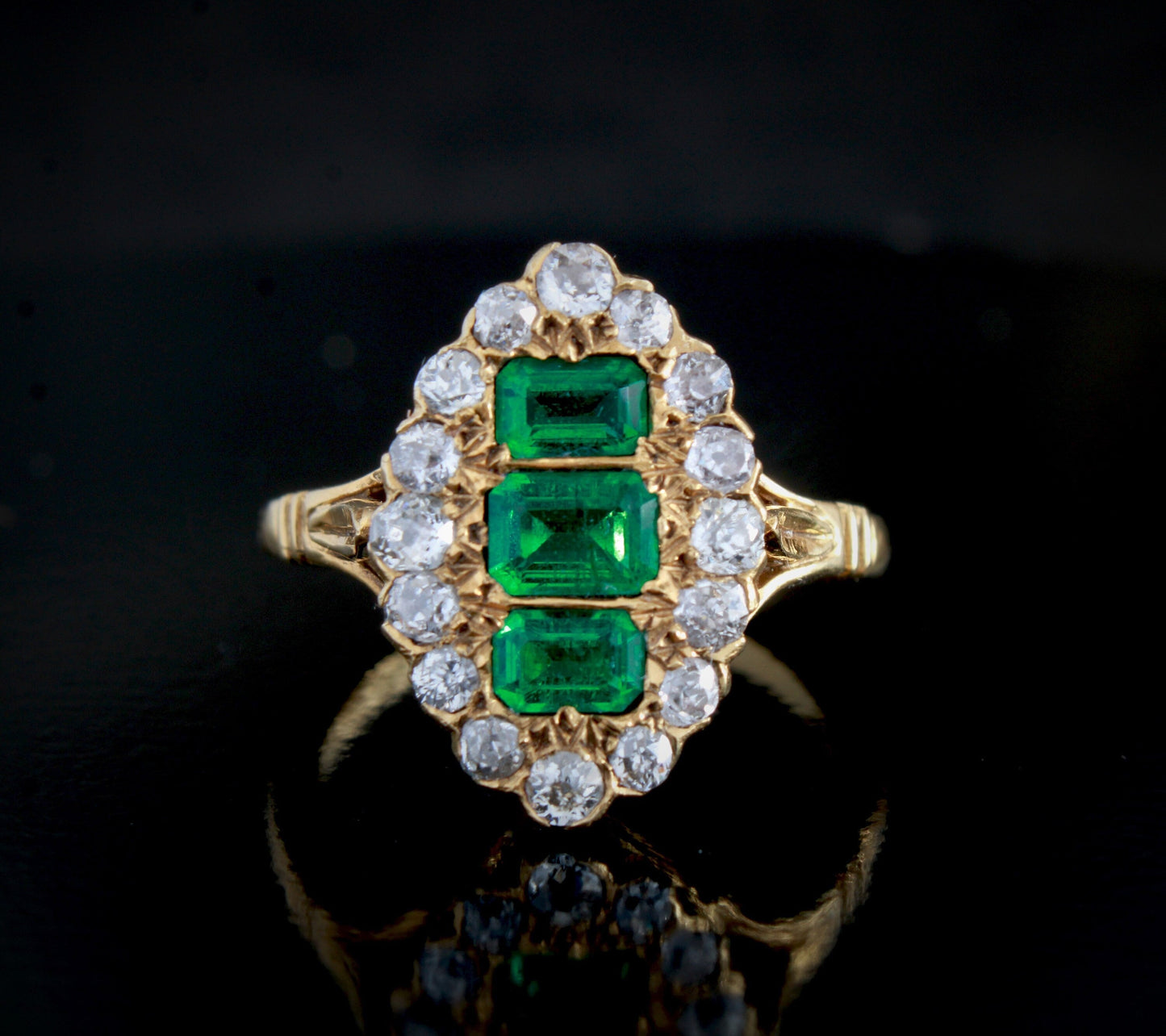 Victorian Emerald Diamond Ring, Antique 18K Gold Old Cut Natural Diamond Cluster Ring