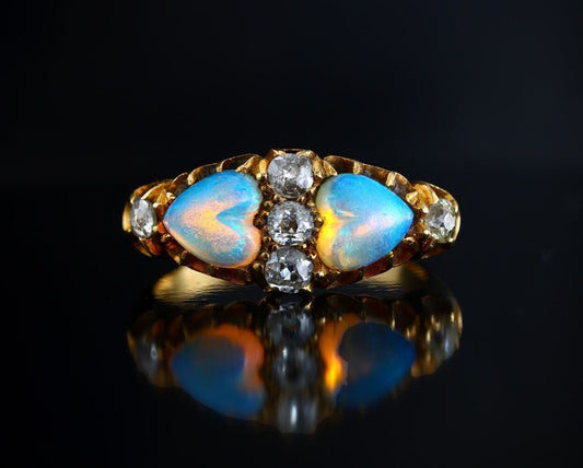 Victorian Opal & Diamond Sweetheart Engagement Ring in 18K Yellow Gold Dated 1894