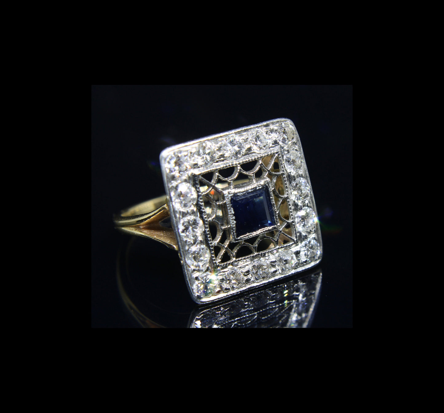 Vintage 14k Diamond Sapphire Ring in A Rare Art Deco Style